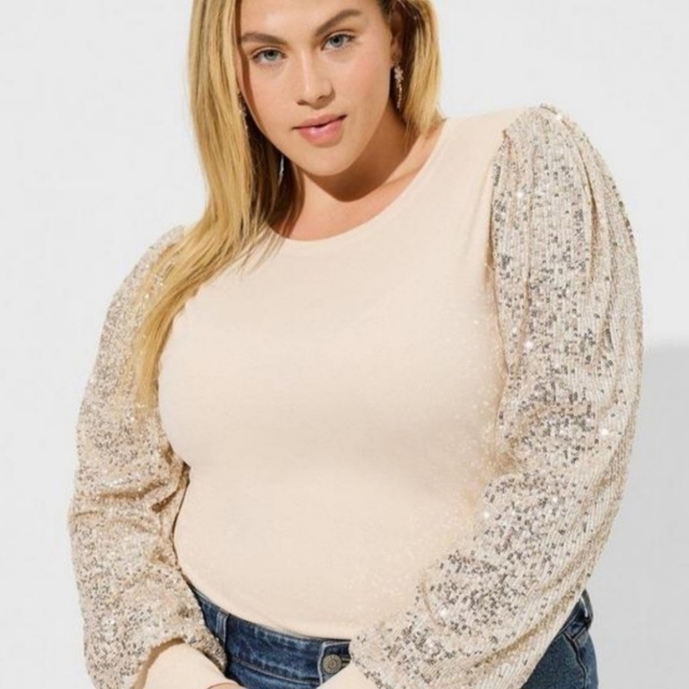 Torrid Rib Crew Neck Sequin Long Sleeve Top, 1X